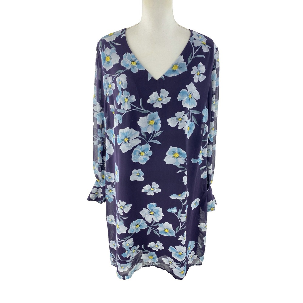 Cabi‎ Ellery Royal Floral Shift Dress Chiffon Knee Length Plum 2XL 4018 Sheath